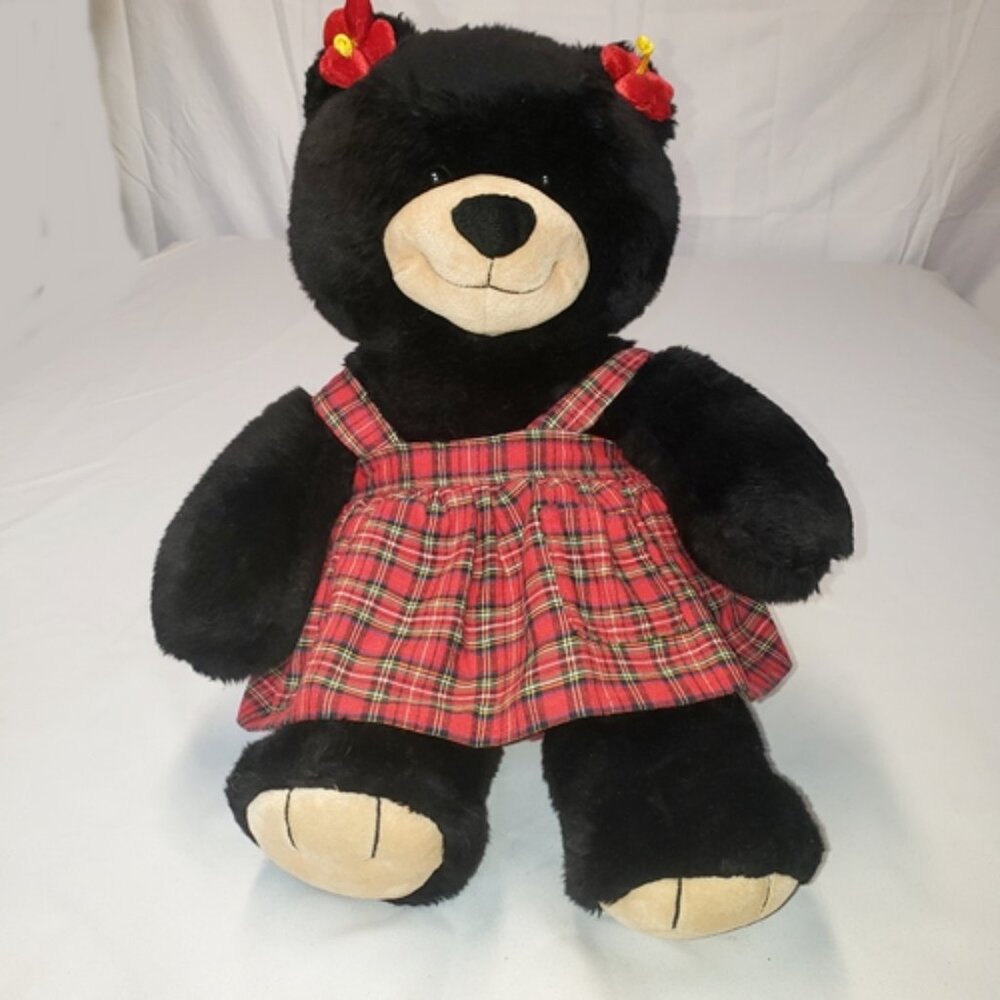 BAB Black Teddy Bear with Plaid dress & Bloomers & Flower Hair ties